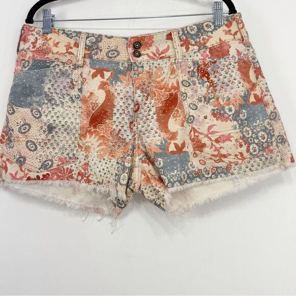 Pilcro Anthropologie The Wanderer Orange Blue Boho Floral Print Fray Cuff Shorts - Picture 5 of 16